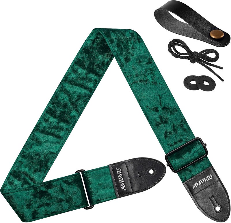 Amumu Flocked Velvet Guitar Strap with Microfiber Leather Ends - Guitar Accessories - Fits Acoustic, Bass and Electric Guitar - Green - Image 1